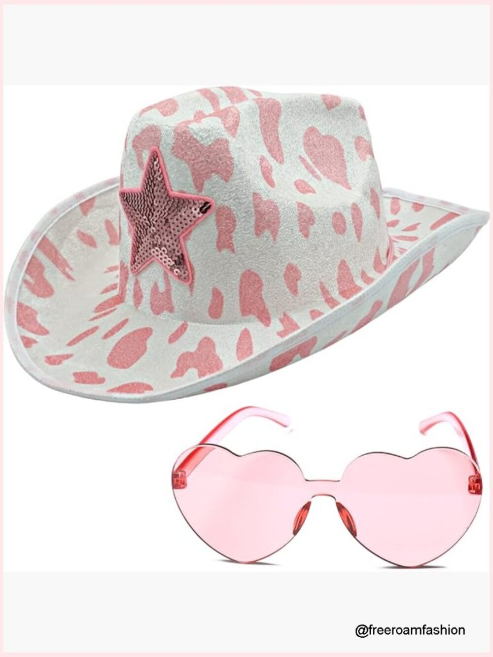 Cow Print Cowboy Hat with Heart Sunglasses, Western Costume Accessory